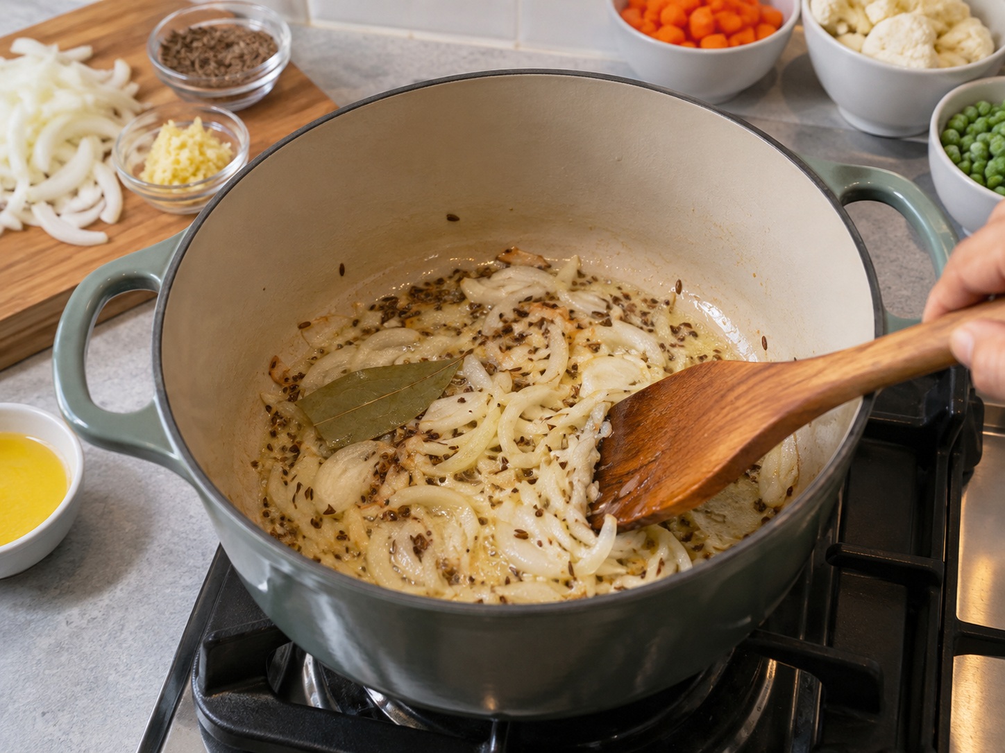 Bangladeshi Vegetable Khichuri — Fry onion and cumin