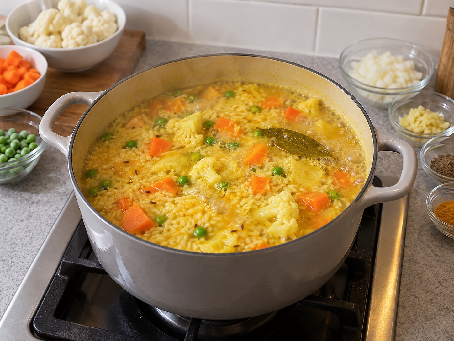 Bangladeshi Vegetable Khichuri — Add water and vegetables
