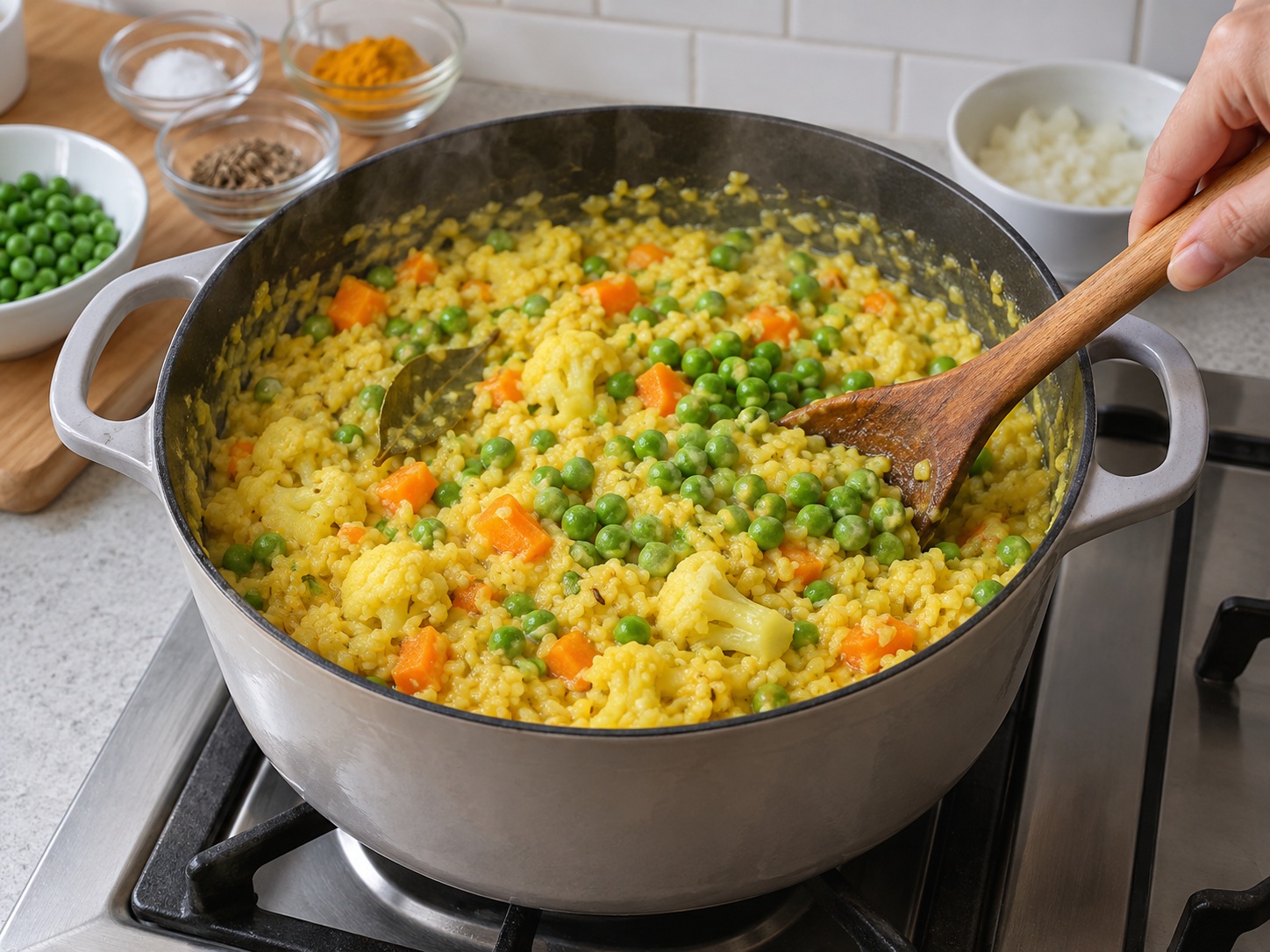 Bangladeshi Vegetable Khichuri — Add peas