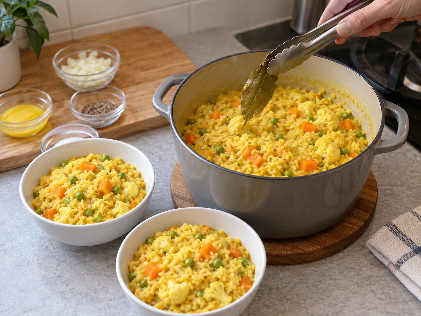 Bangladeshi Vegetable Khichuri — Remove leaf and serve