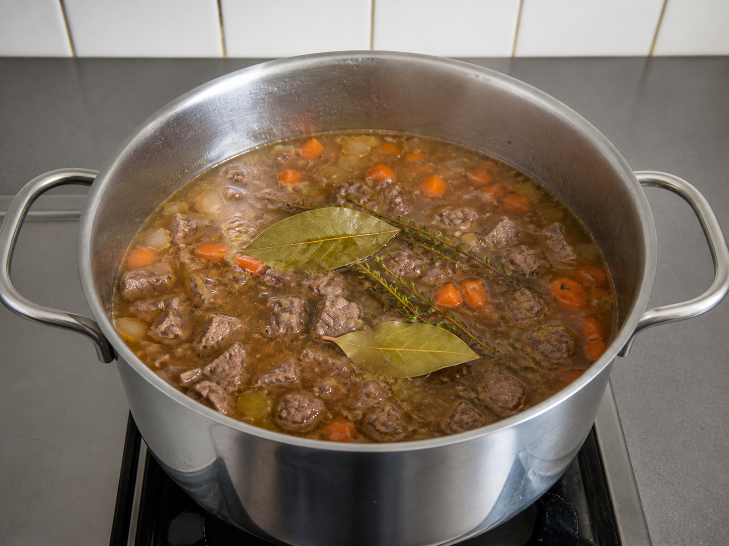 牛肉珍珠大麥蔬菜燉鍋: 加入上湯香草