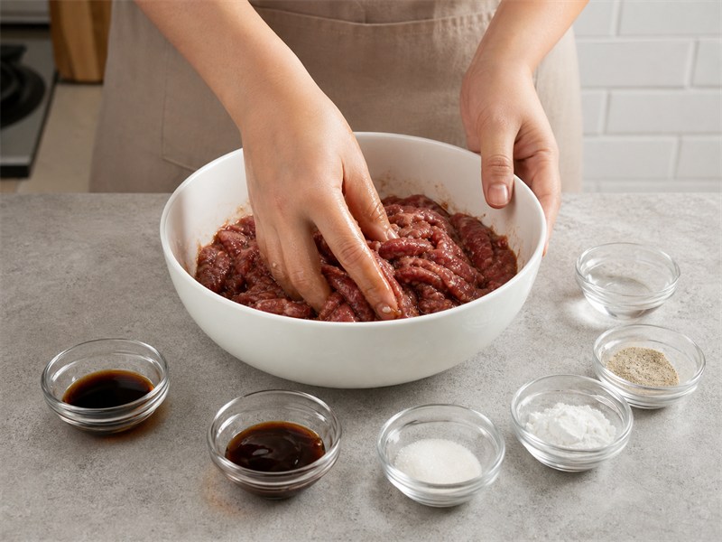 西蘭花炒牛肉:醃牛肉