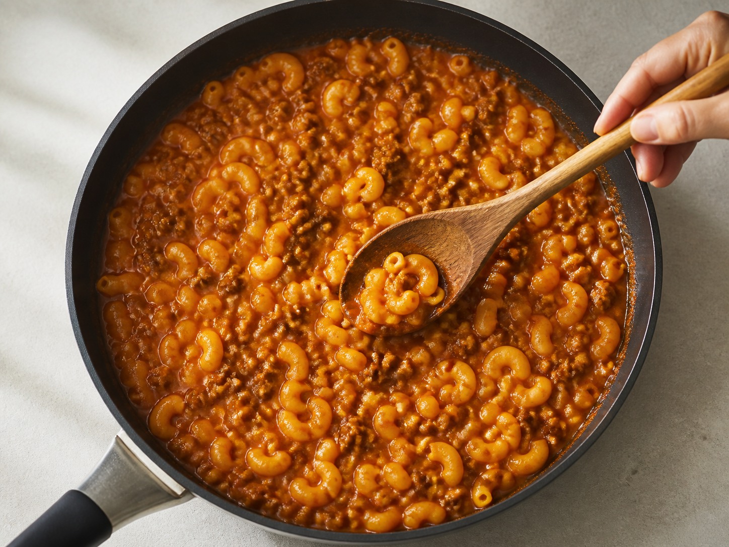 美式芝士漢堡牛肉通心粉 — 攪拌檢查通粉