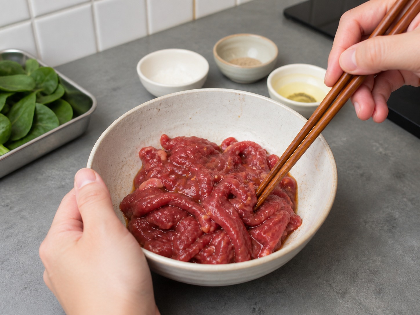菠菜炒牛肉:醃牛肉