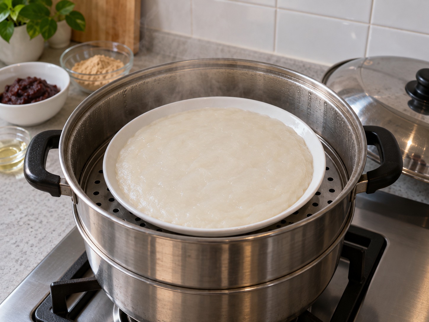 Malagkit na Rice Rolls na may Harinang Soya — Pasingawan nang 20 minuto hanggang matigas na ang gitna at walang puting hilaw na masa