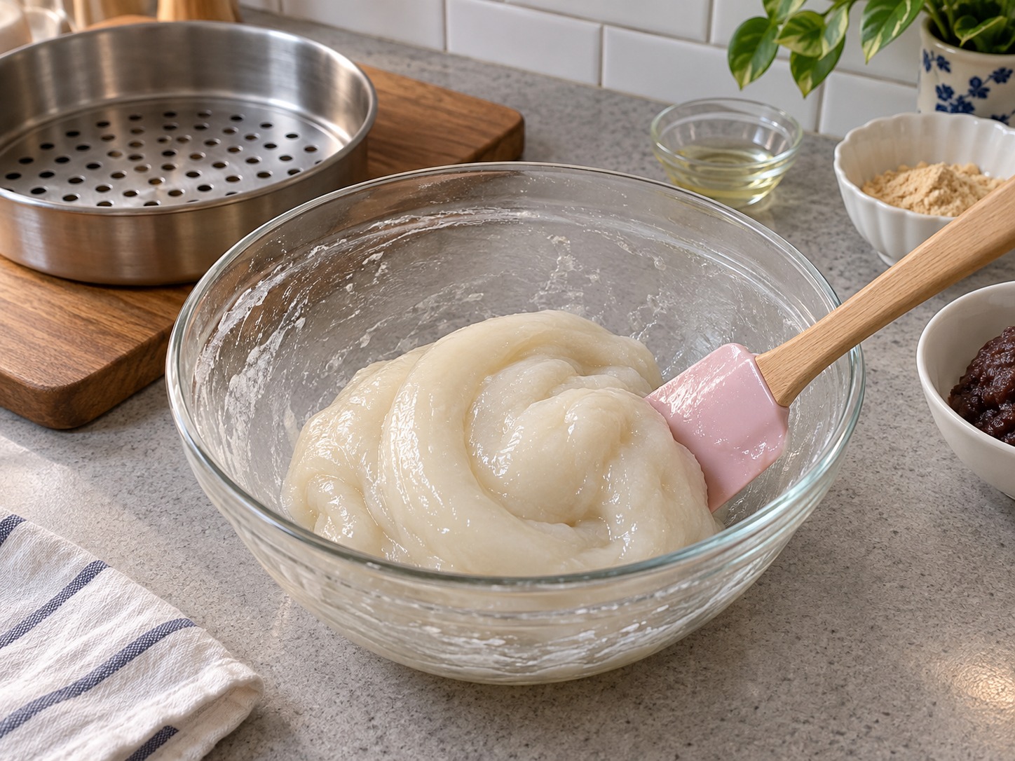 Malagkit na Rice Rolls na may Harinang Soya — Alisin ang masa at ihalo ang natirang mantika hanggang makinis
