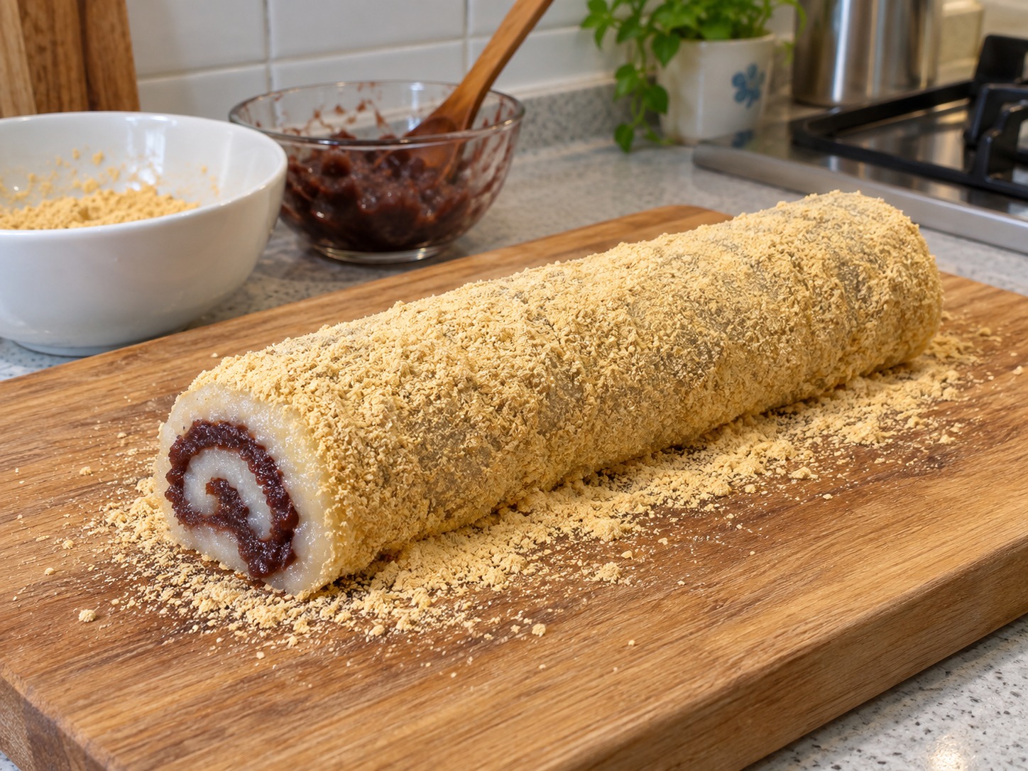 Malagkit na Rice Rolls na may Harinang Soya — Irolyo nang mahigpit mula sa mahabang gilid at balutin ng natirang harinang soya