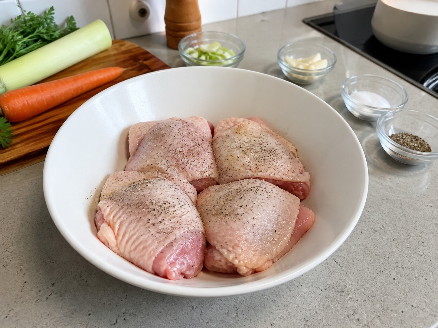 比利時奶香雞肉蔬菜湯鍋 — 修整調味雞肉
