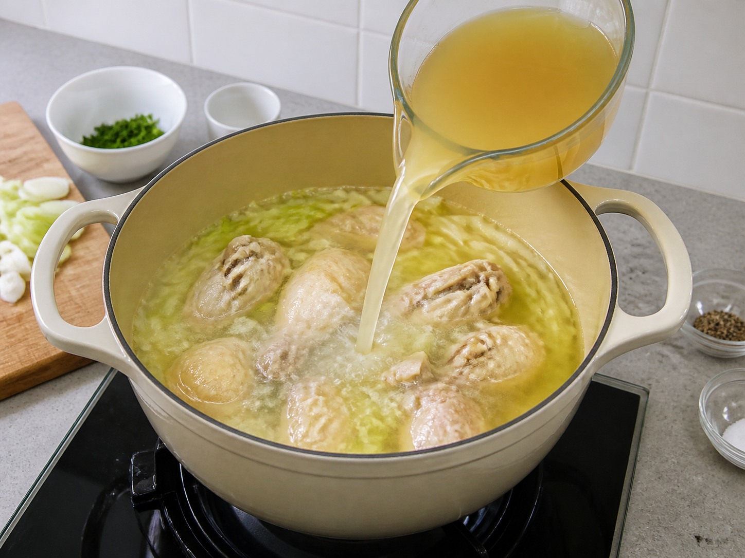 比利時奶香雞肉蔬菜湯鍋 — 加入雞湯