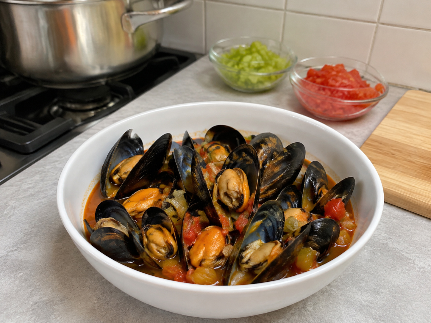 Belgian Mussels sa Tomato-Celery Broth: Mussels na pinasingaw hanggang bumuka sa magaan na tomato, celery at parsley broth na nagpapanatili ng linamnam-dagat.