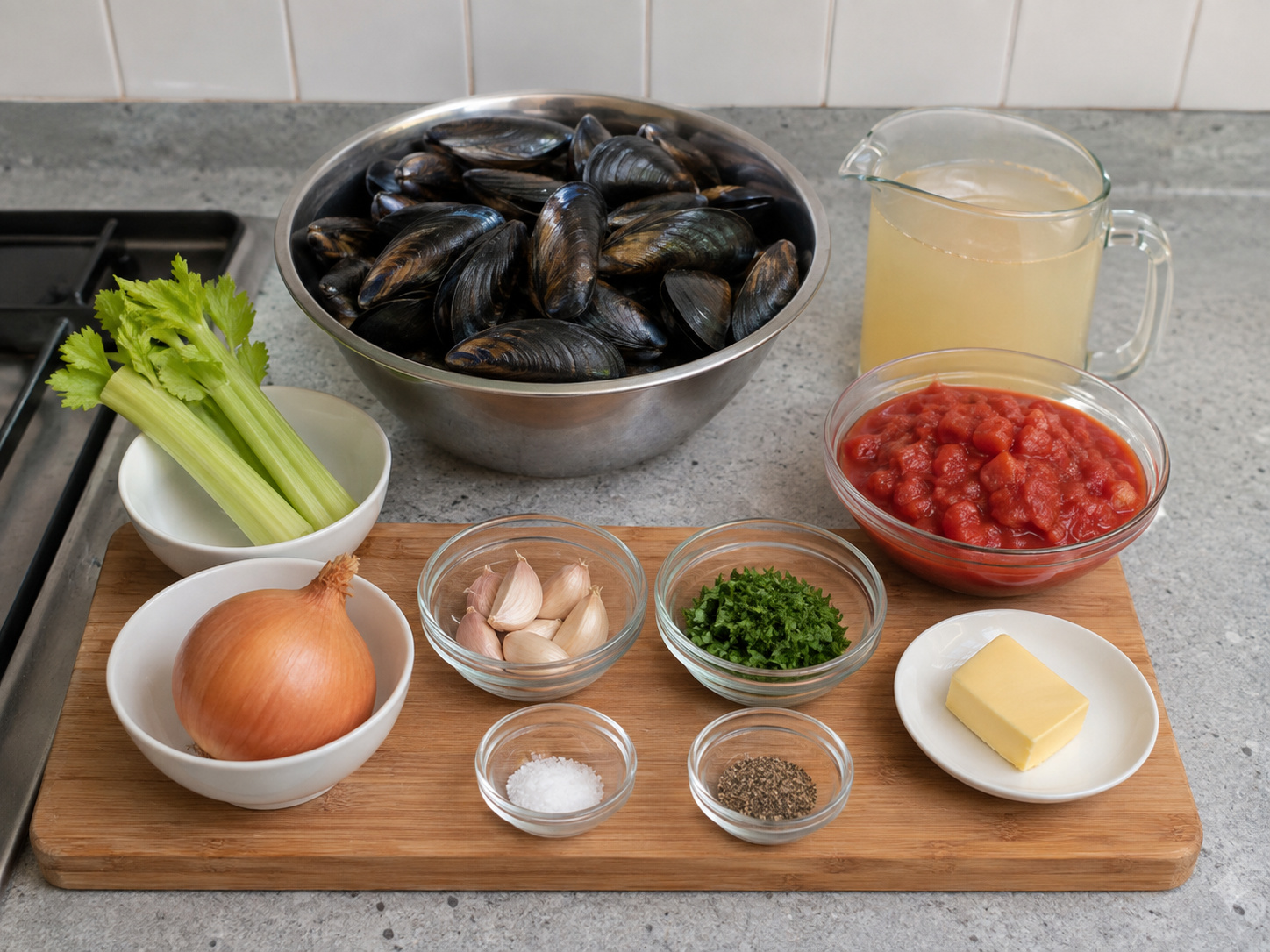 Belgian Mussels sa Tomato-Celery Broth: 1200 g tahong, 400 g de-latang tinadtad na kamatis, 2 tangkay celery, 1 piraso sibuyas, 3 butil bawang, 300 ml vegetable stock, 3 kutsara parsley, 20 g mantikilya, 1/4 kutsarita asin, 1/2 kutsarita Dinurog na itim na paminta