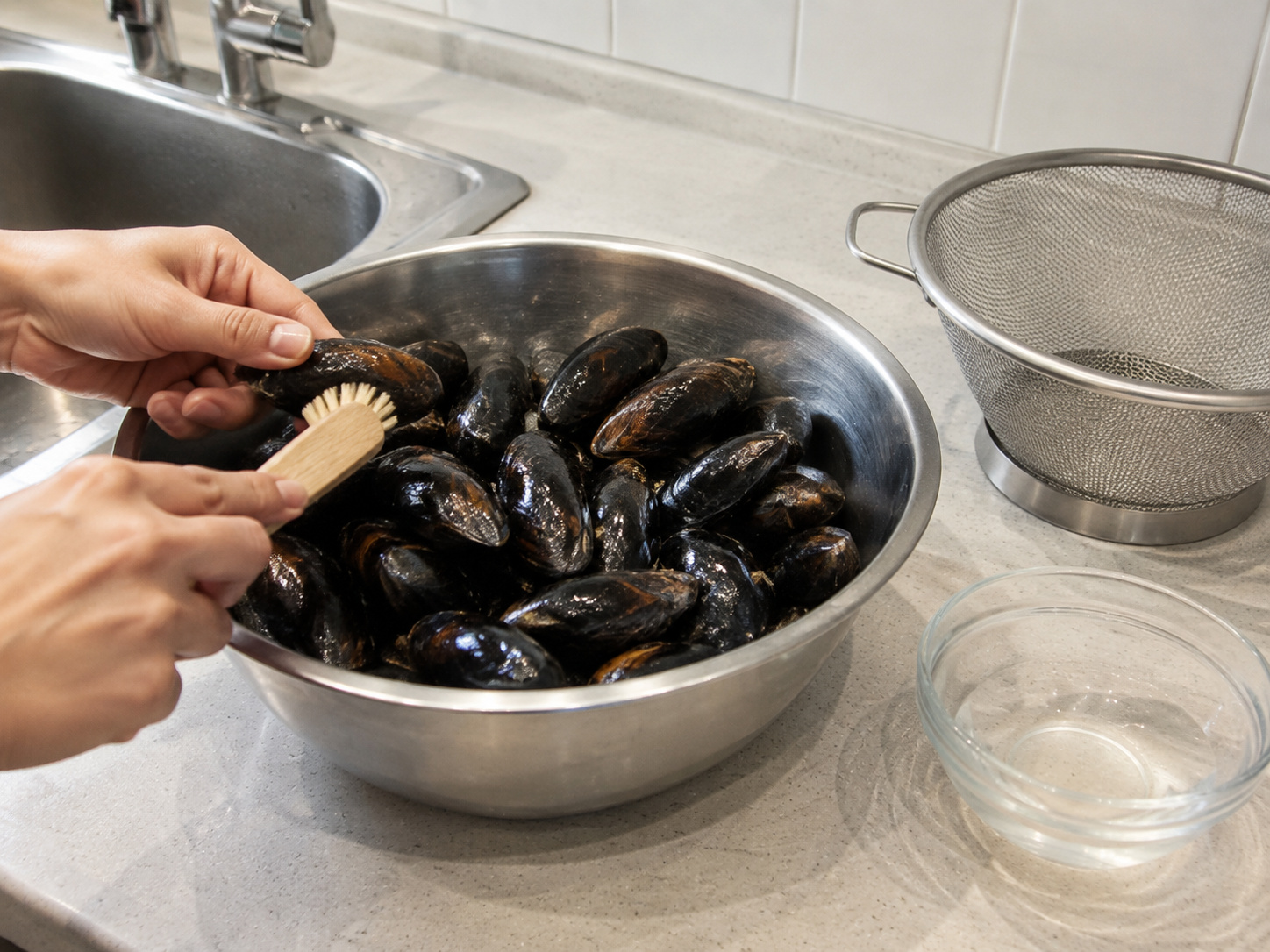 Suriin at kuskusin ang mussels: Suriin at kuskusin ang mussels. Sundin ang sukat at pagkakasunod ng recipe; tiyaking tama ang lagay ng pagkain bago magpatuloy.