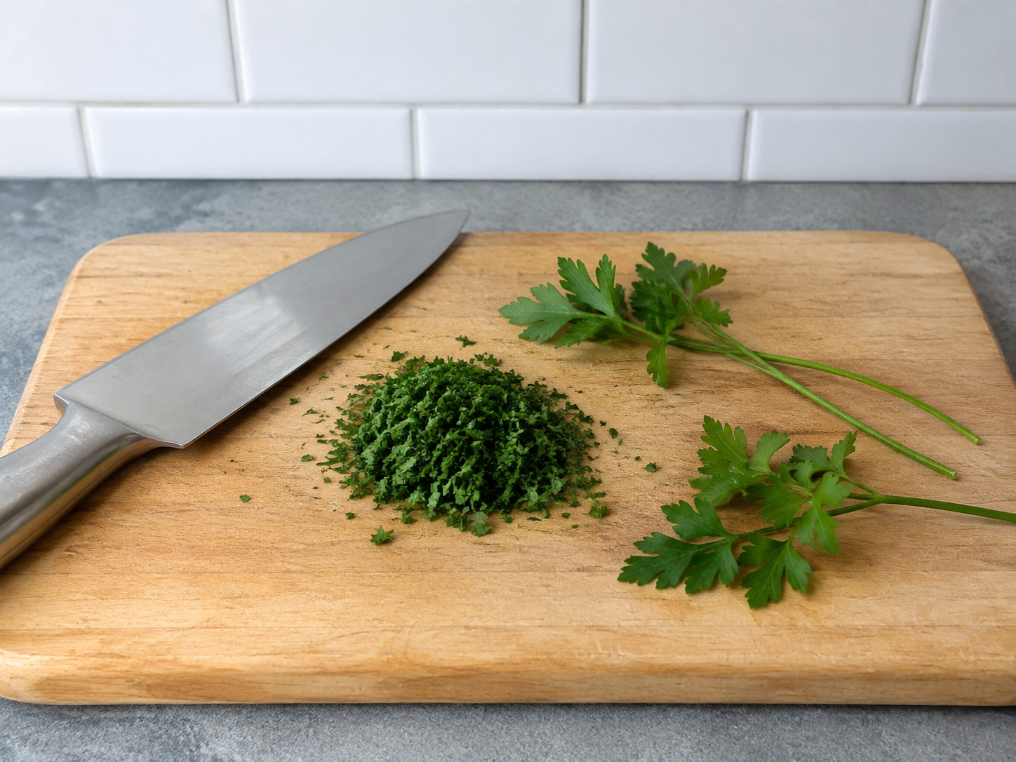 Tadtarin ang parsley: Tadtarin ang parsley. Sundin ang sukat at pagkakasunod ng recipe; tiyaking tama ang lagay ng pagkain bago magpatuloy.