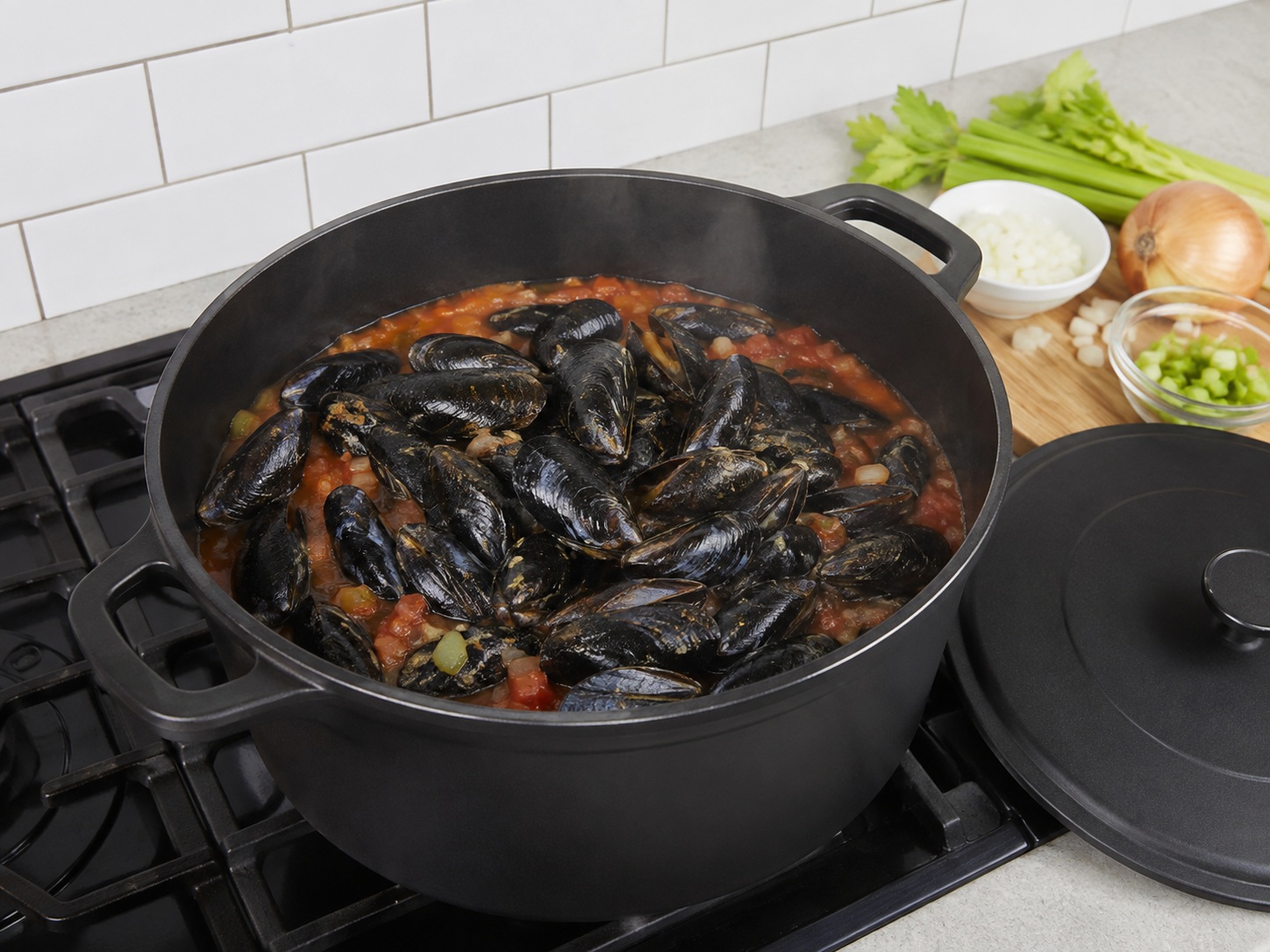 Idagdag ang mussels at takpan: Idagdag ang mussels at takpan. Sundin ang sukat at pagkakasunod ng recipe nang humigit-kumulang 5 minuto sa mahina-katamtamang apoy; tiyaking tama ang lagay ng pagkain bago magpatuloy.