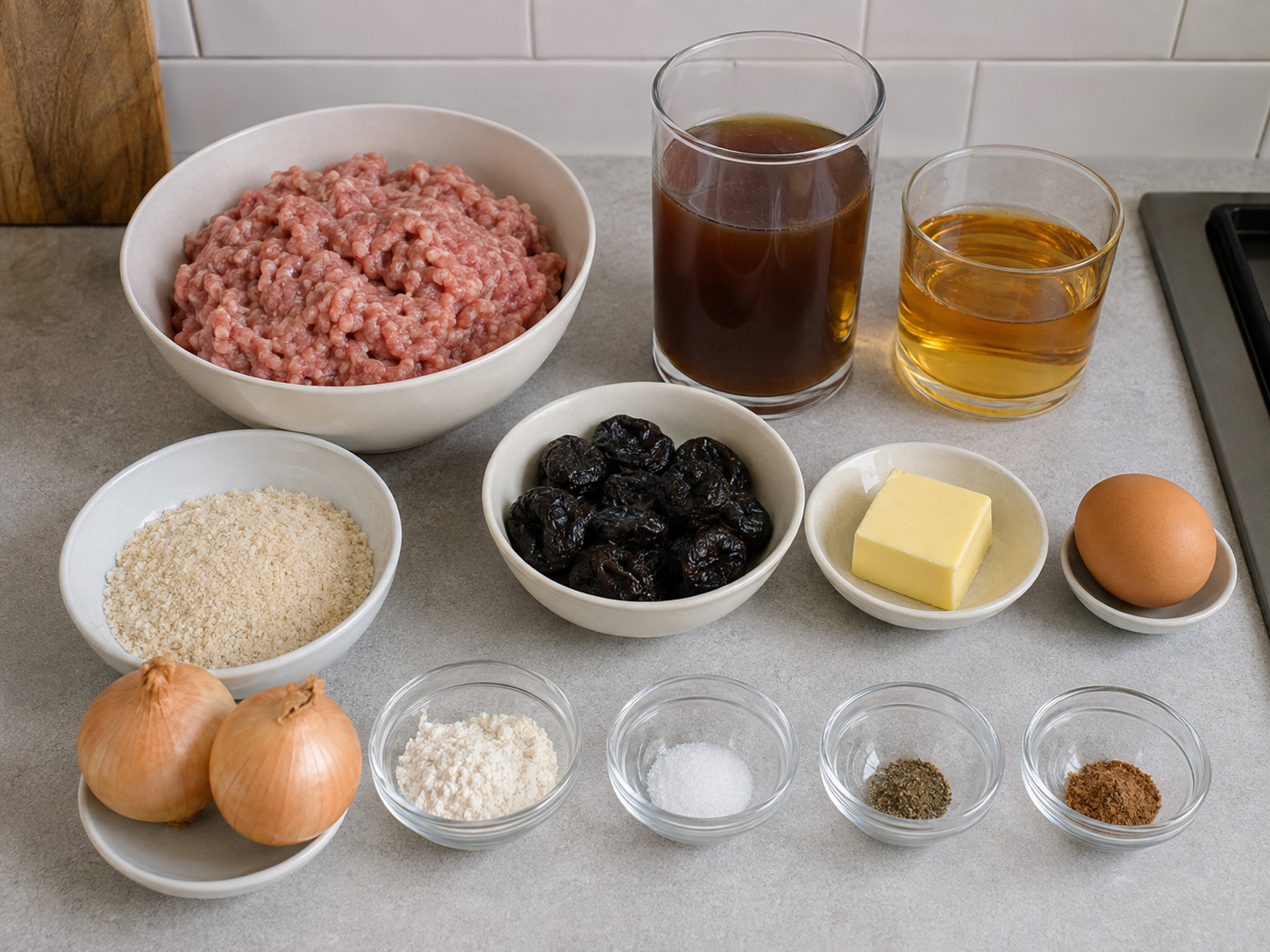 Bakso Babi Saus Prem Belgia: 600 g daging babi cincang, 60 g tepung roti, 1 buah telur, 2 buah bawang bombai, 180 g prune kering, 500 ml kaldu sapi, 150 ml sari apel fermentasi, 25 g mentega, 1 sdm tepung terigu serbaguna, 1 sdt garam, 1/2 sdt Lada hitam, 1/4 sdt pala