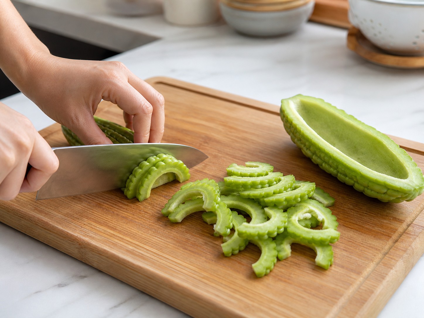 Ginisang Ampalaya na may Itlog — Hiwain ang ampalaya