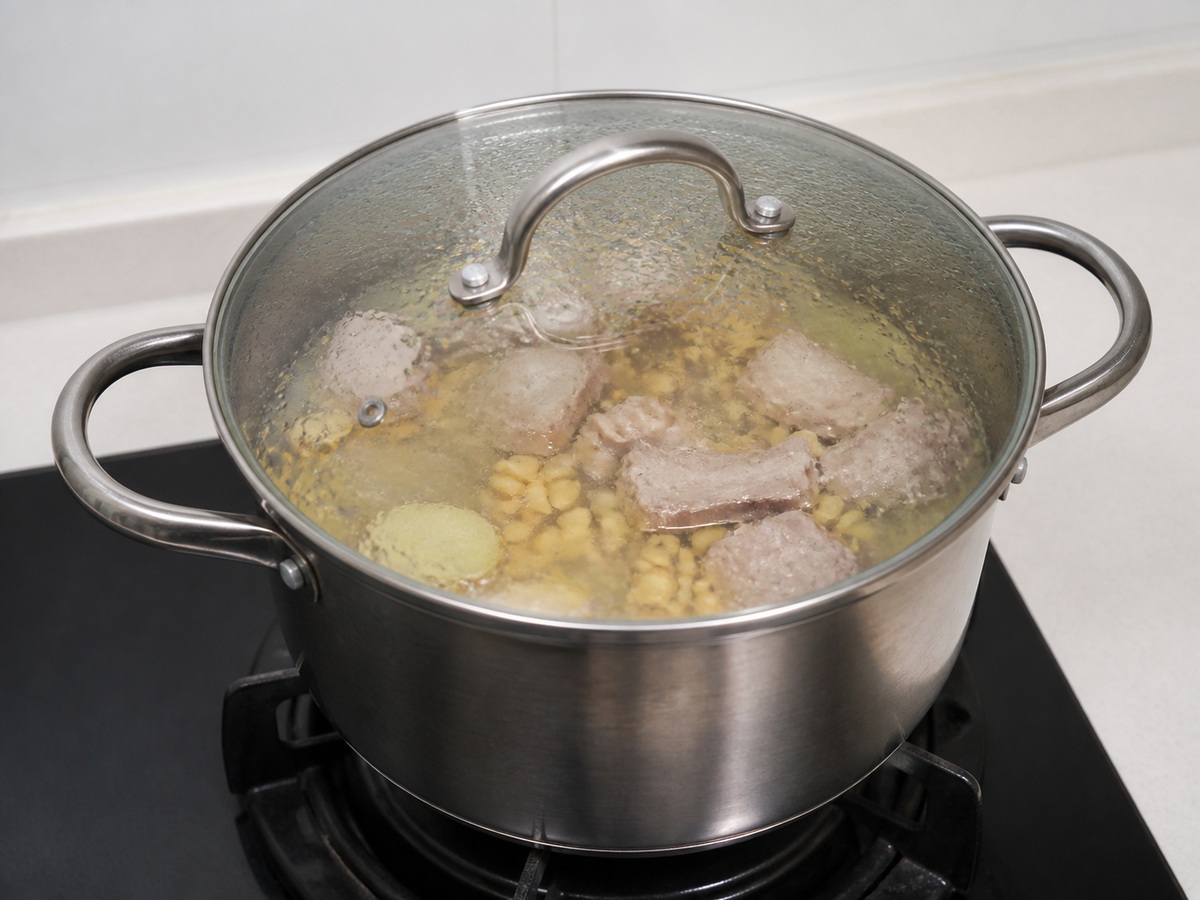 Sabaw ng Ampalaya, Soybean at Tadyang ng Baboy: Pakuluan ang soup base
