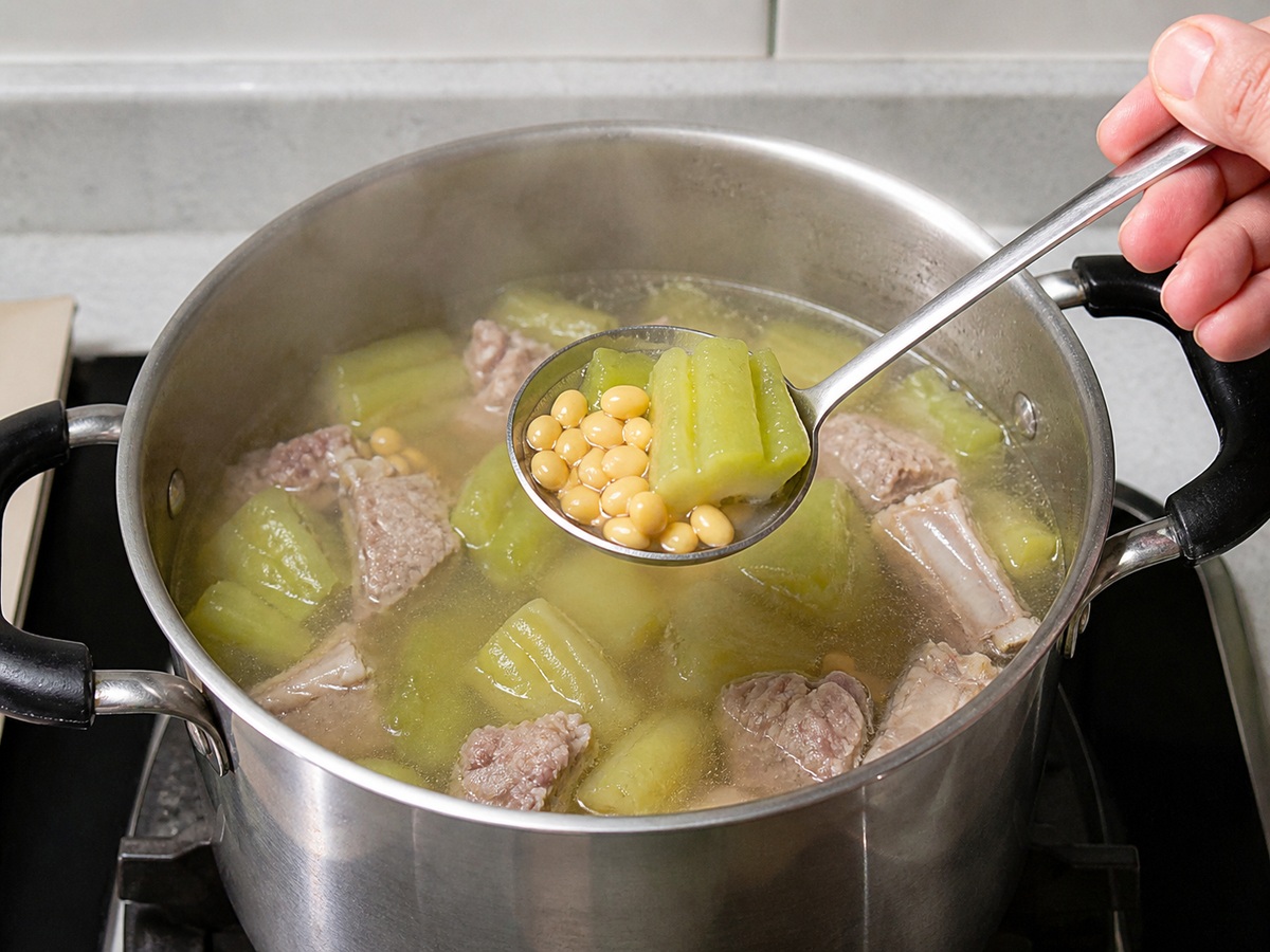 Sabaw ng Ampalaya, Soybean at Tadyang ng Baboy: Pakuluan hanggang malambot