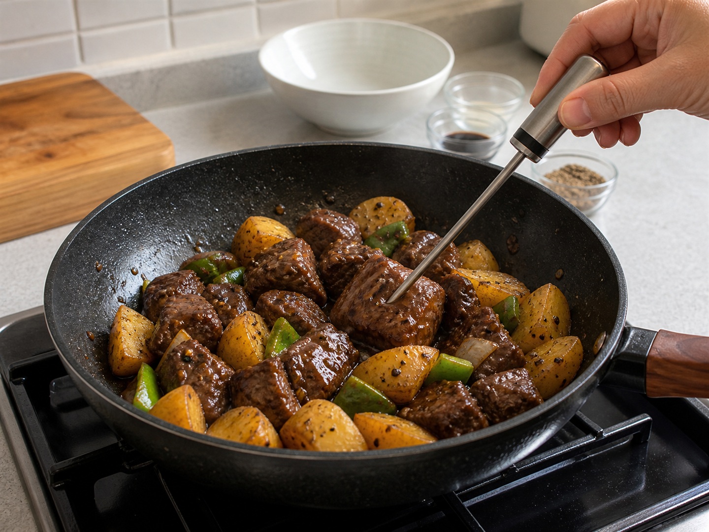 黑椒薯仔牛柳粒 — 檢查牛肉熟度