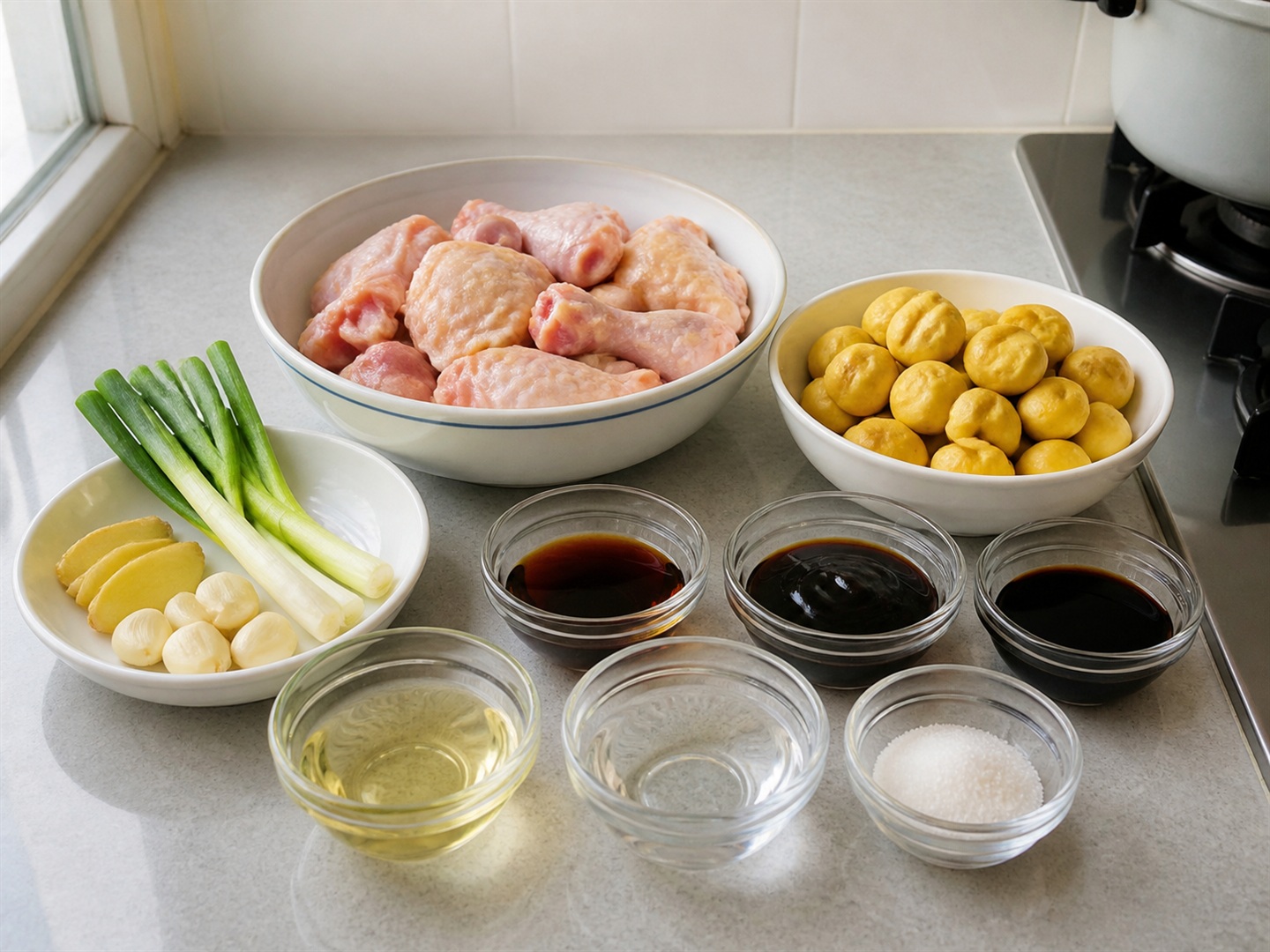 Ingredients for chicken and chestnut braise