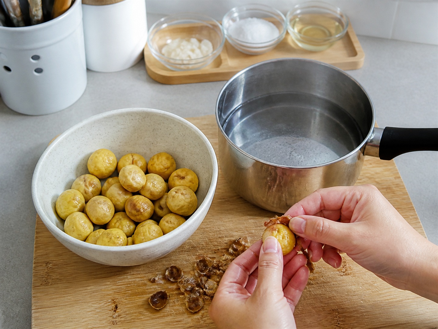 Braised Chicken with Chestnuts — Blanch and peel chestnuts