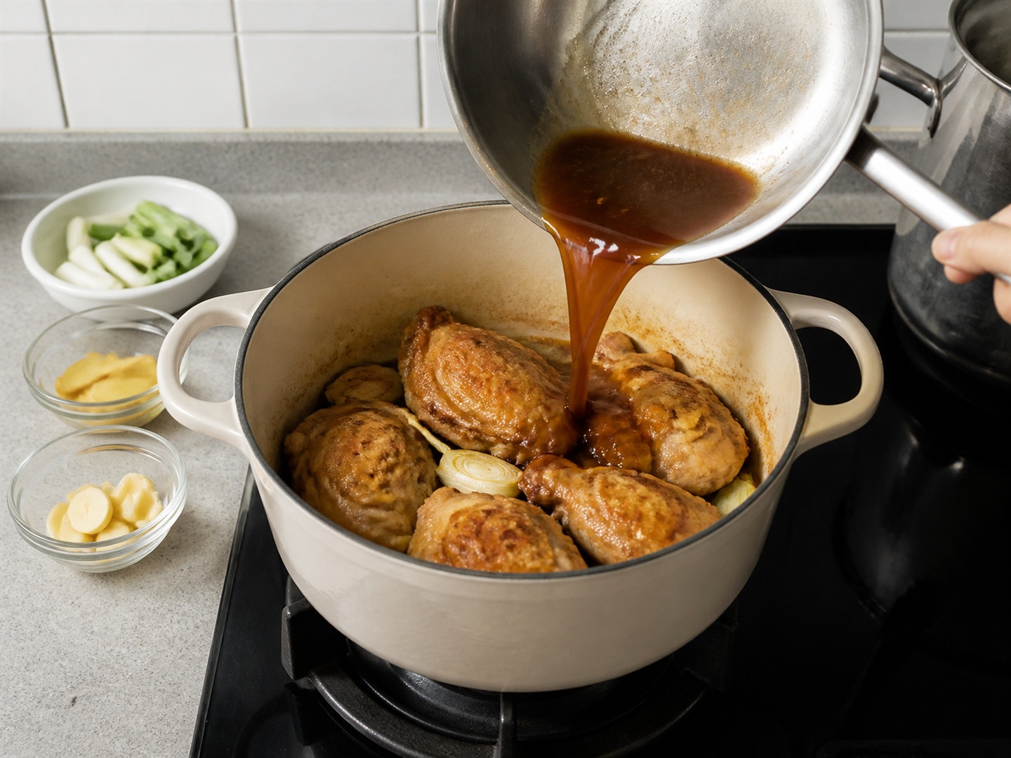 Braised Chicken with Chestnuts — Return chicken and add sauce