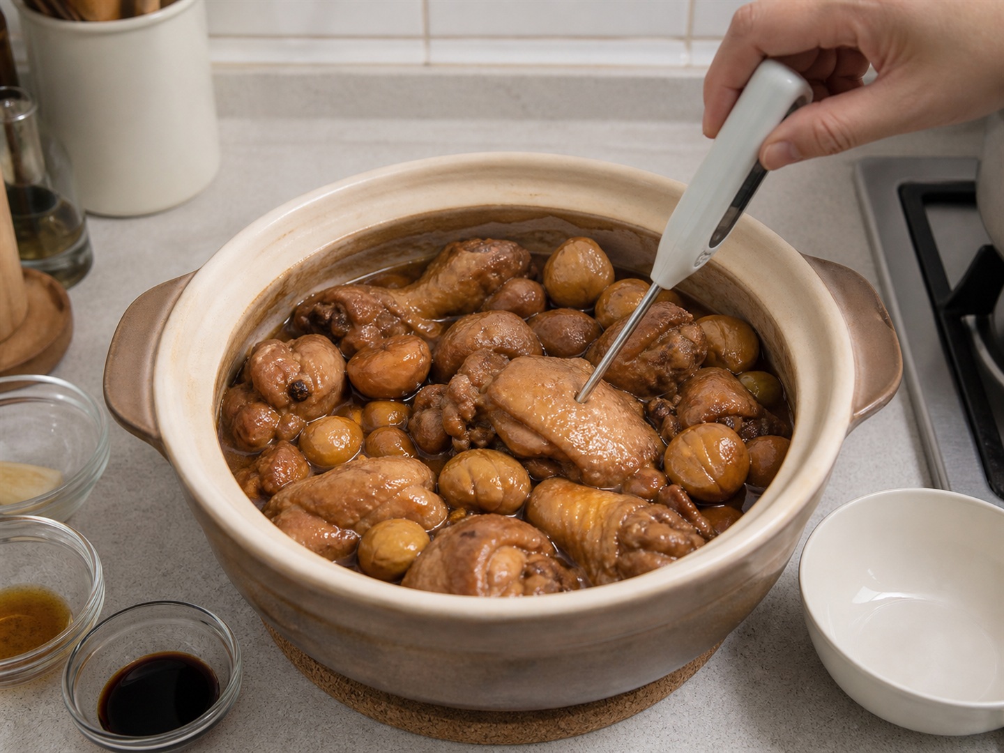 Braised Chicken with Chestnuts — Check chicken doneness