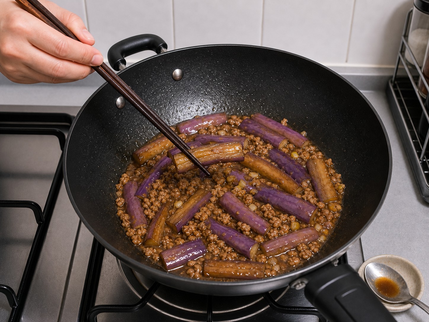 肉碎炆茄子:檢查軟硬和味道