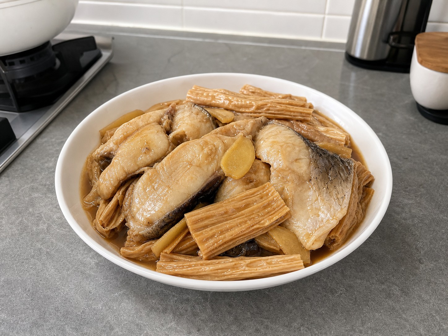 枝竹炆魚腩 Braised Fish Belly with Bean Curd Sticks