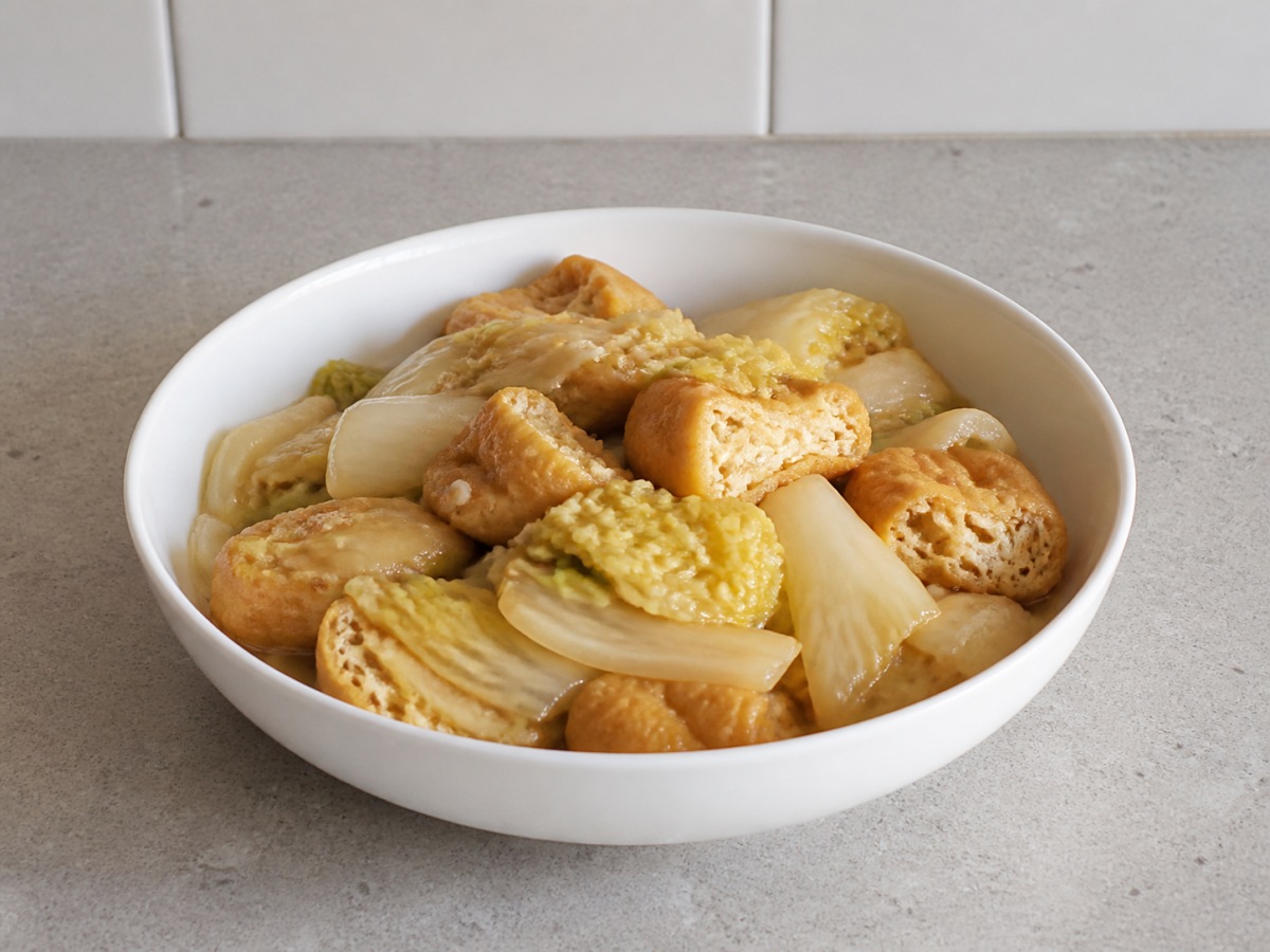 Finished Braised Napa Cabbage with Tofu Puffs