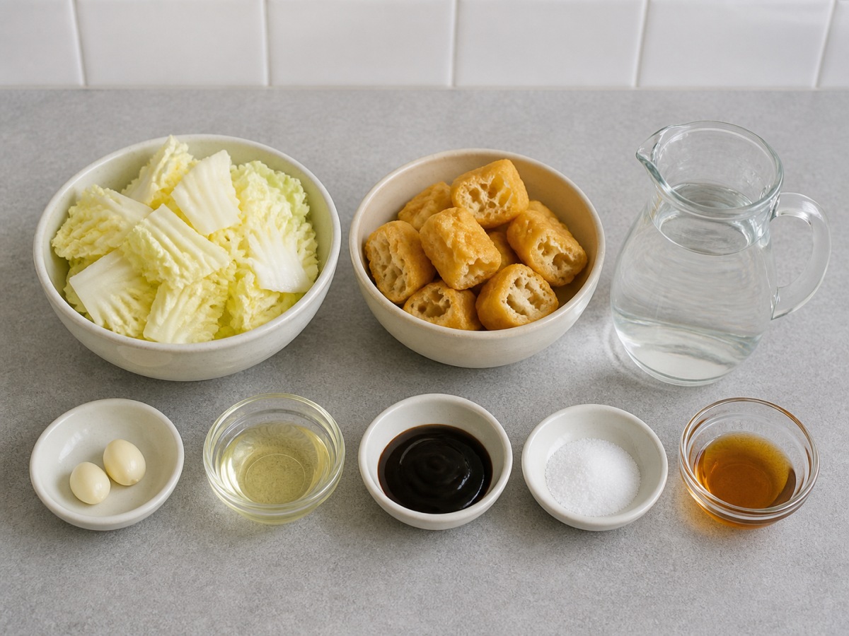 All ingredients for Braised Napa Cabbage with Tofu Puffs