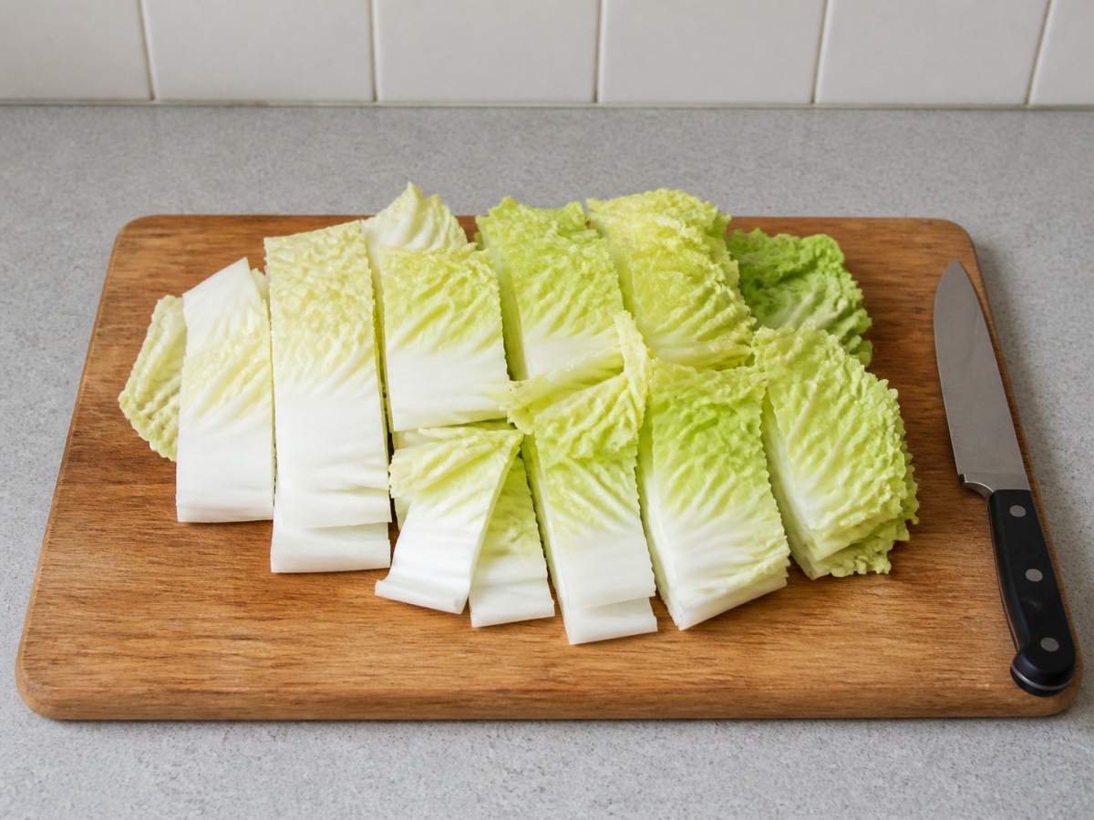 Braised Napa Cabbage with Tofu Puffs: Cut the main ingredient