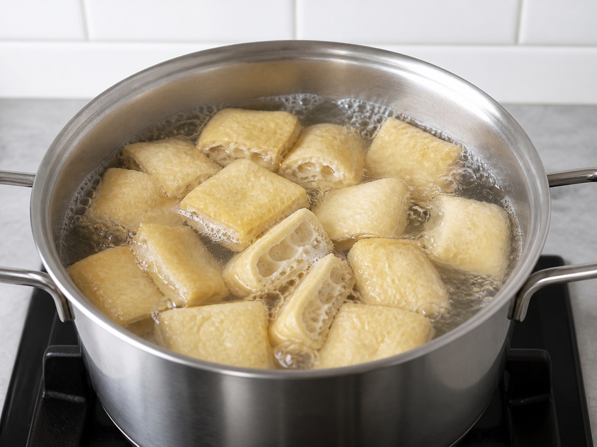 Braised Napa Cabbage with Tofu Puffs: Blanch to remove impurities