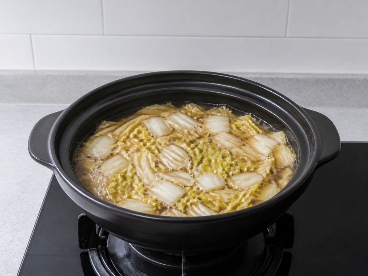 Braised Napa Cabbage with Tofu Puffs: Add water and boil