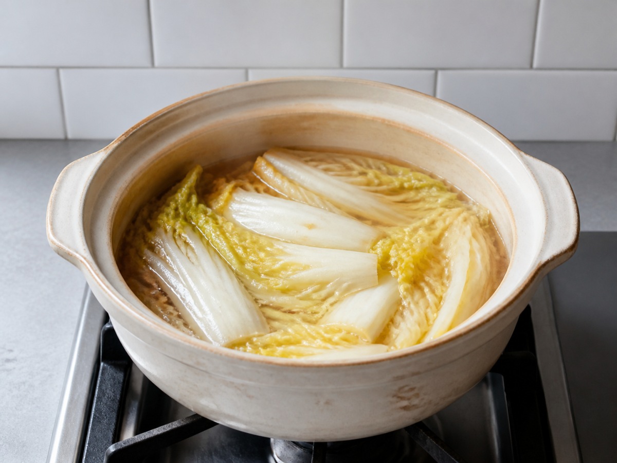 Braised Napa Cabbage with Tofu Puffs: Braise gently