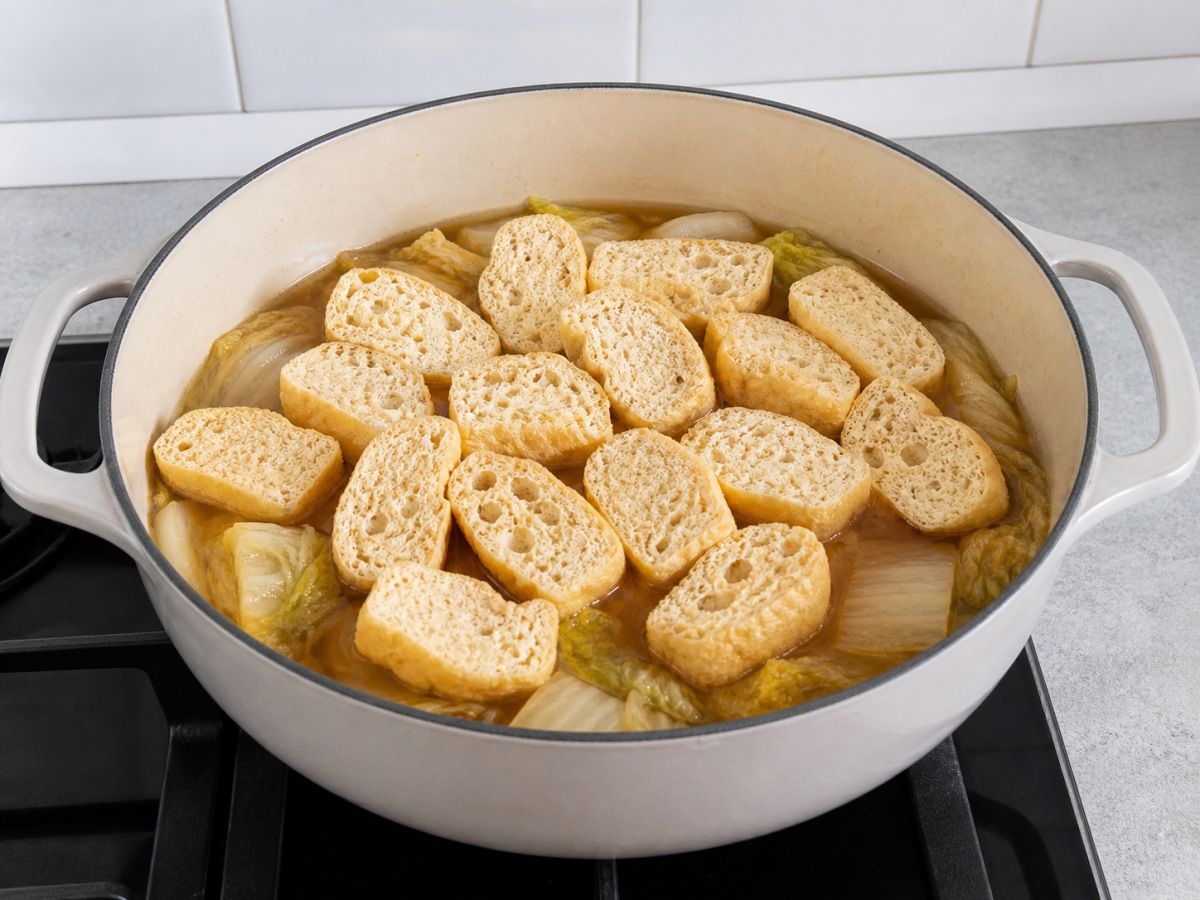 Braised Napa Cabbage with Tofu Puffs: Add supporting ingredients