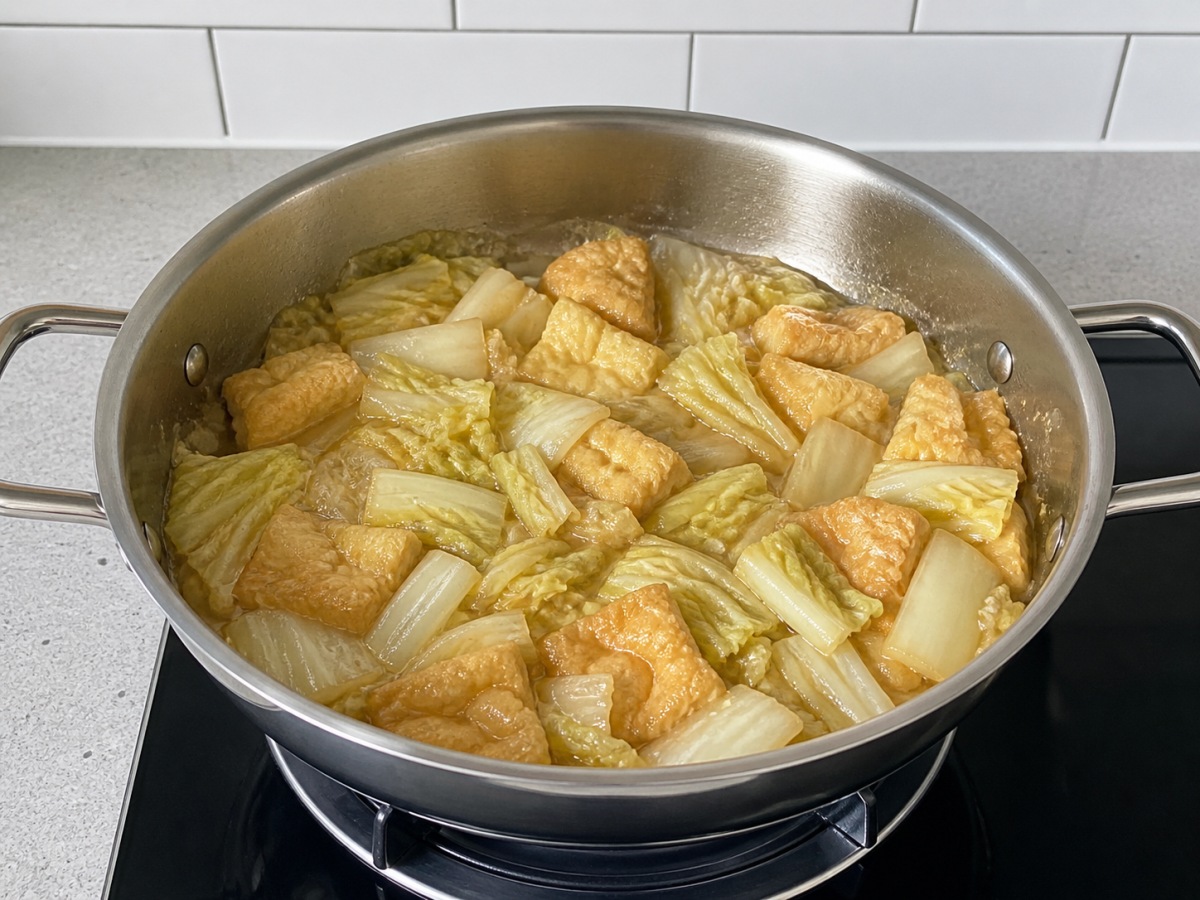 Braised Napa Cabbage with Tofu Puffs: Reduce and season