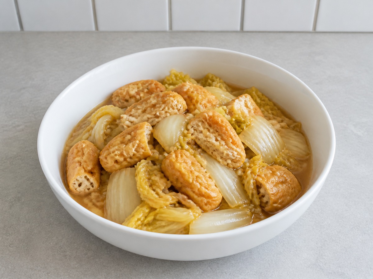 Braised Napa Cabbage with Tofu Puffs: Plate and serve