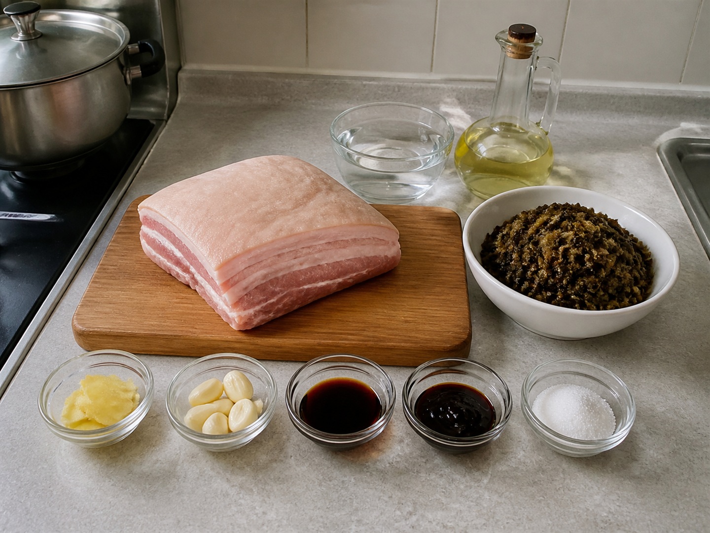 Ingredients for pork belly with preserved greens