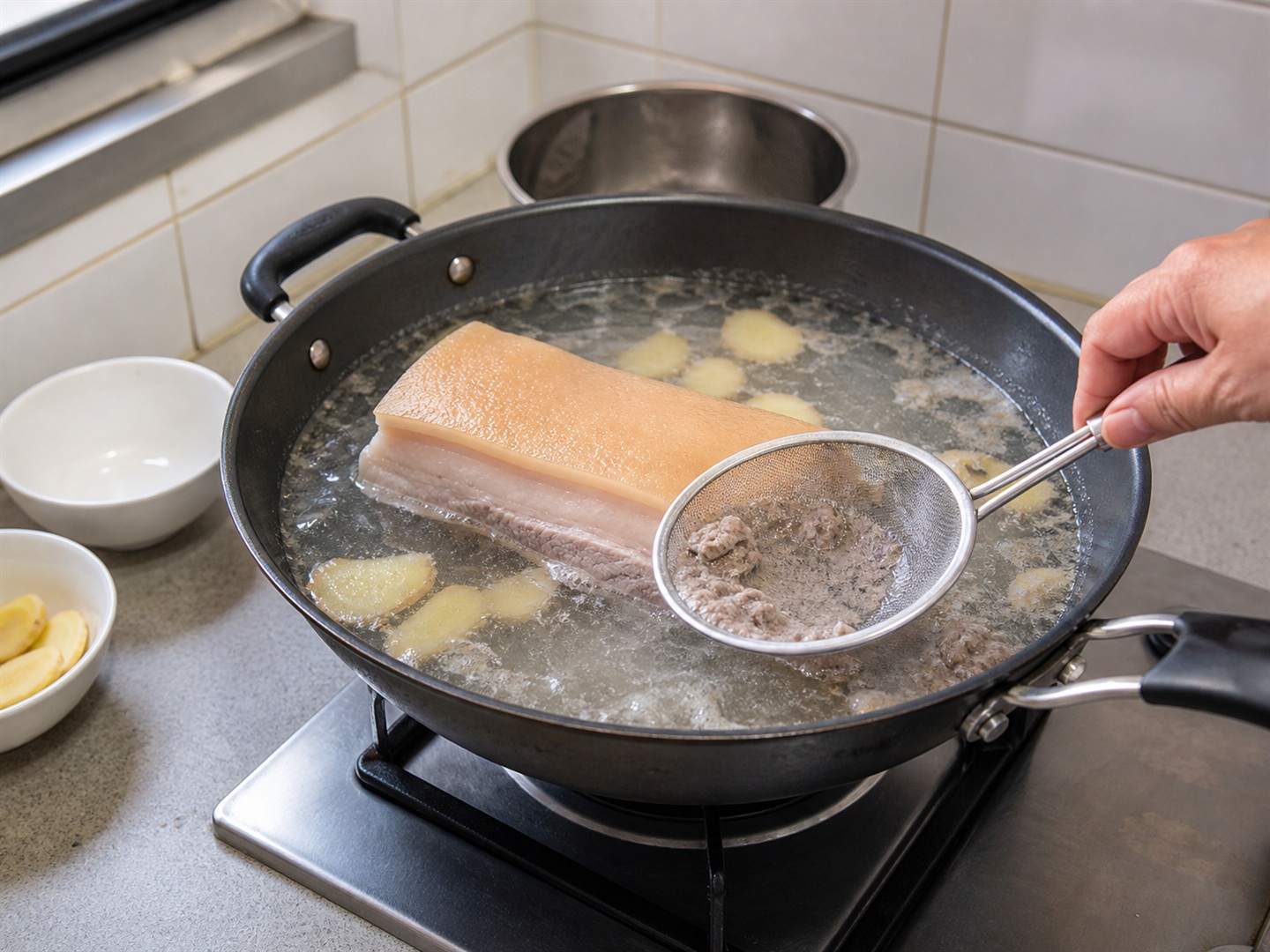 Braised Pork Belly with Preserved Mustard Greens — Blanch pork belly