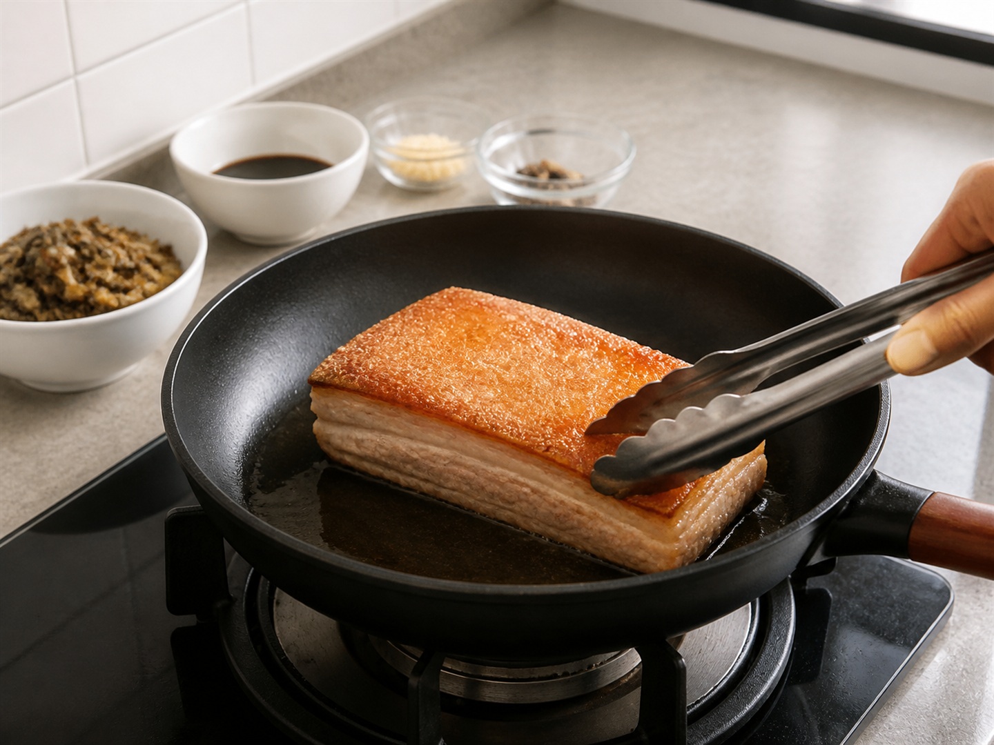 Braised Pork Belly with Preserved Mustard Greens — Brown the pork skin