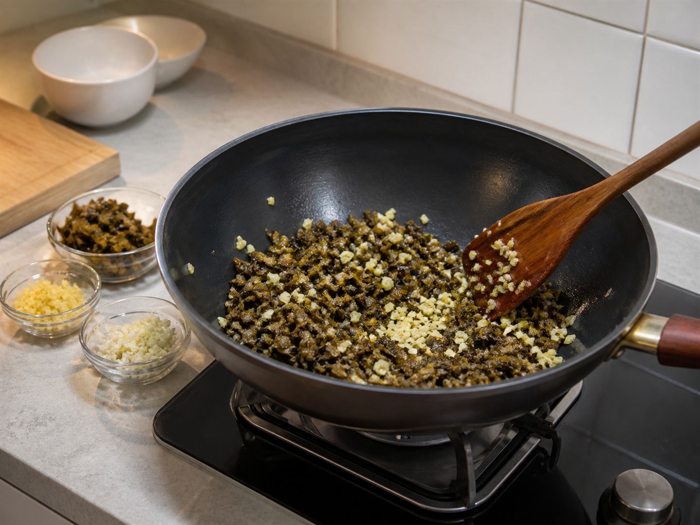Braised Pork Belly with Preserved Mustard Greens — Saute the greens