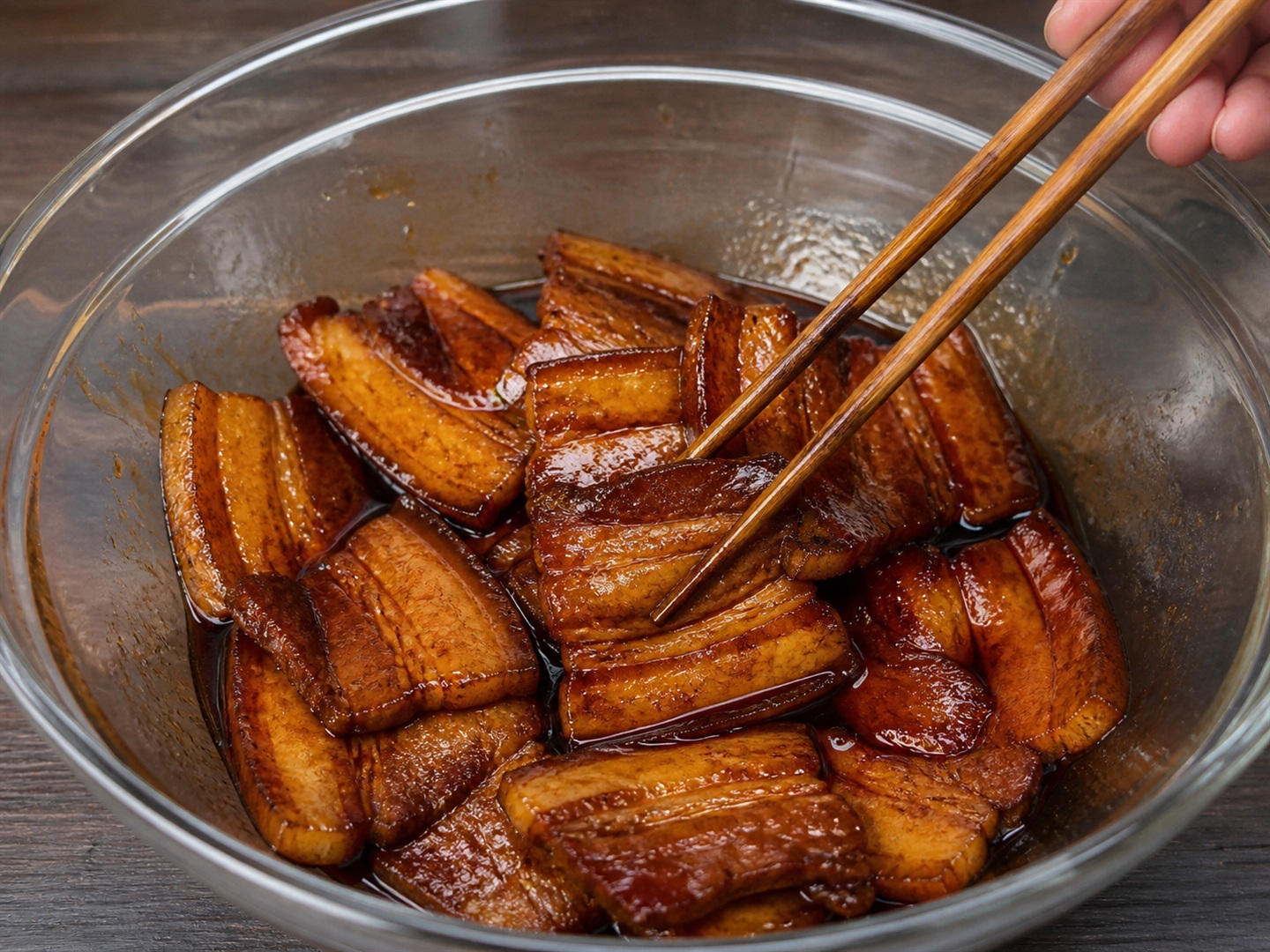 Braised Pork Belly with Preserved Mustard Greens — Coat pork with sauce