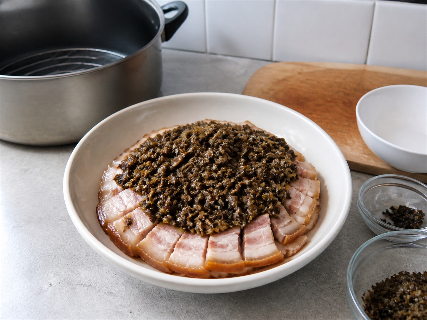 Braised Pork Belly with Preserved Mustard Greens — Arrange pork and greens