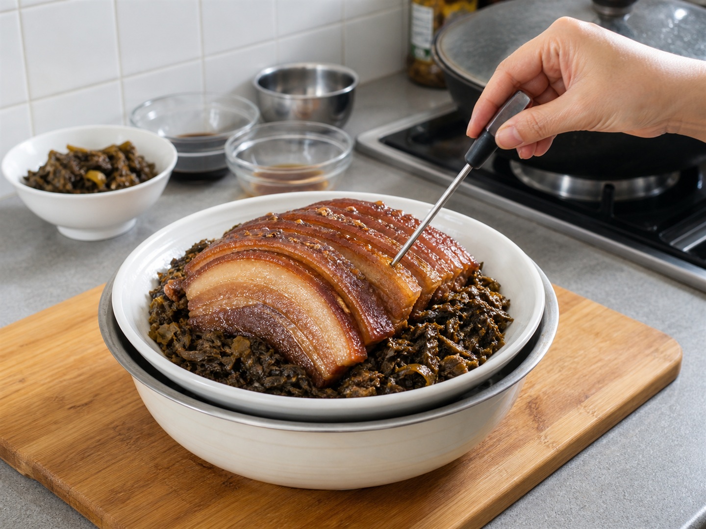 Braised Pork Belly with Preserved Mustard Greens — Check doneness
