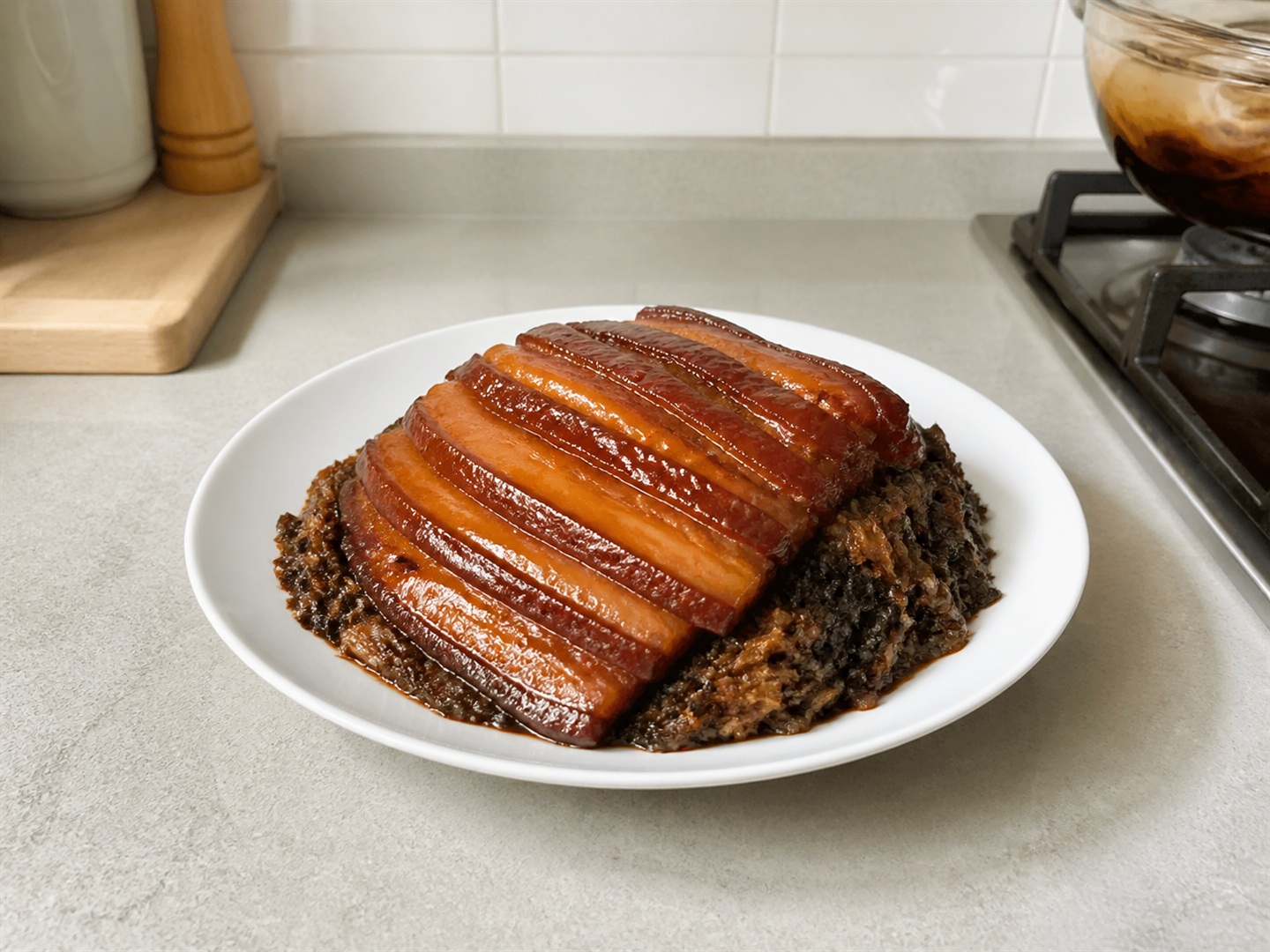 Braised Pork Belly with Preserved Mustard Greens — Invert, rest and serve