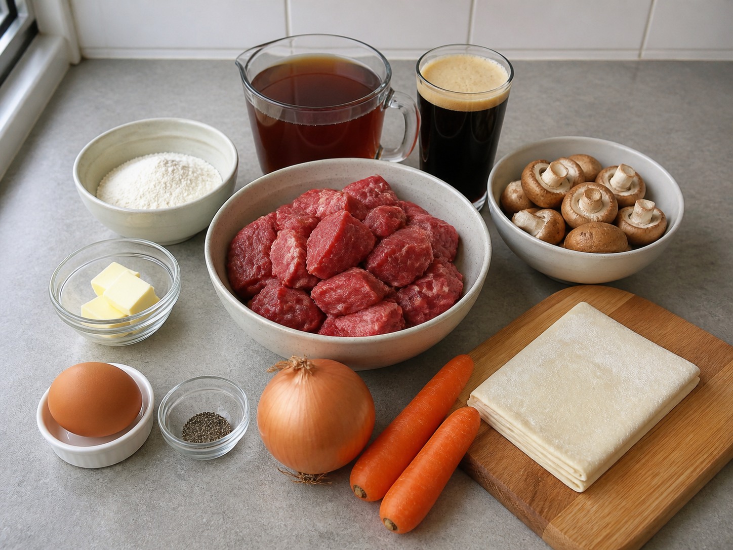 Pai Daging Sapi, Jamur, dan Ale Inggris: 800 g daging bahu sapi, 300 g jamur, 1 buah bawang bombai, 2 buah wortel, 3 sdm tepung terigu serbaguna, 30 g mentega, 330 ml bir ale, 400 ml kaldu sapi, 400 g pastri puff, 1 buah telur, secukupnya Lada hitam