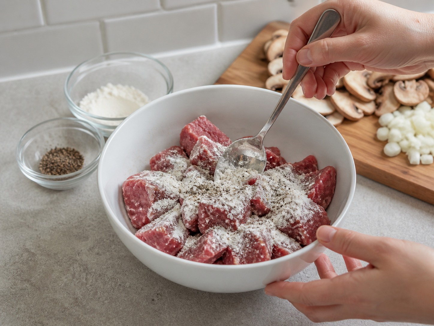Balur tipis daging dengan dua sendok makan tepung dan lada: Balur tipis daging dengan dua sendok makan tepung dan lada. Kerjakan dengan hati-hati, pertahankan panas, waktu, dan keadaan bahan yang disebutkan, lalu pastikan kematangan sebelum melanjutkan.