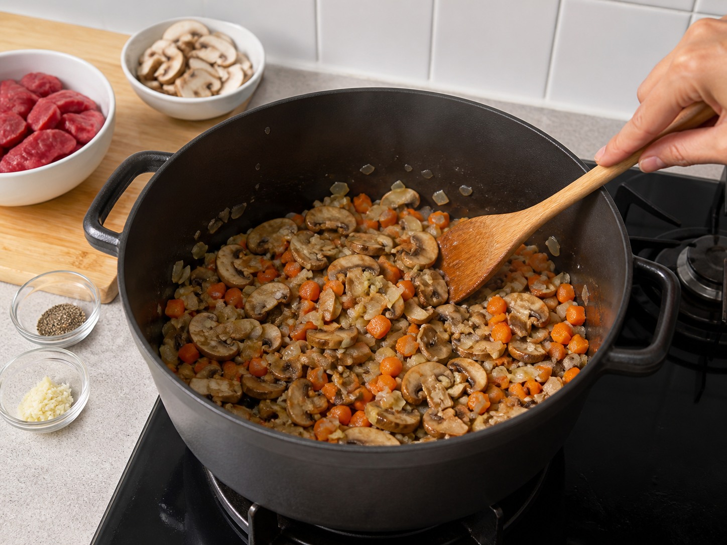 Masak bawang, wortel, dan jamur 8 menit hingga lunak: Masak bawang, wortel, dan jamur 8 menit hingga lunak. Kerjakan dengan hati-hati, pertahankan panas, waktu, dan keadaan bahan yang disebutkan, lalu pastikan kematangan sebelum melanjutkan.