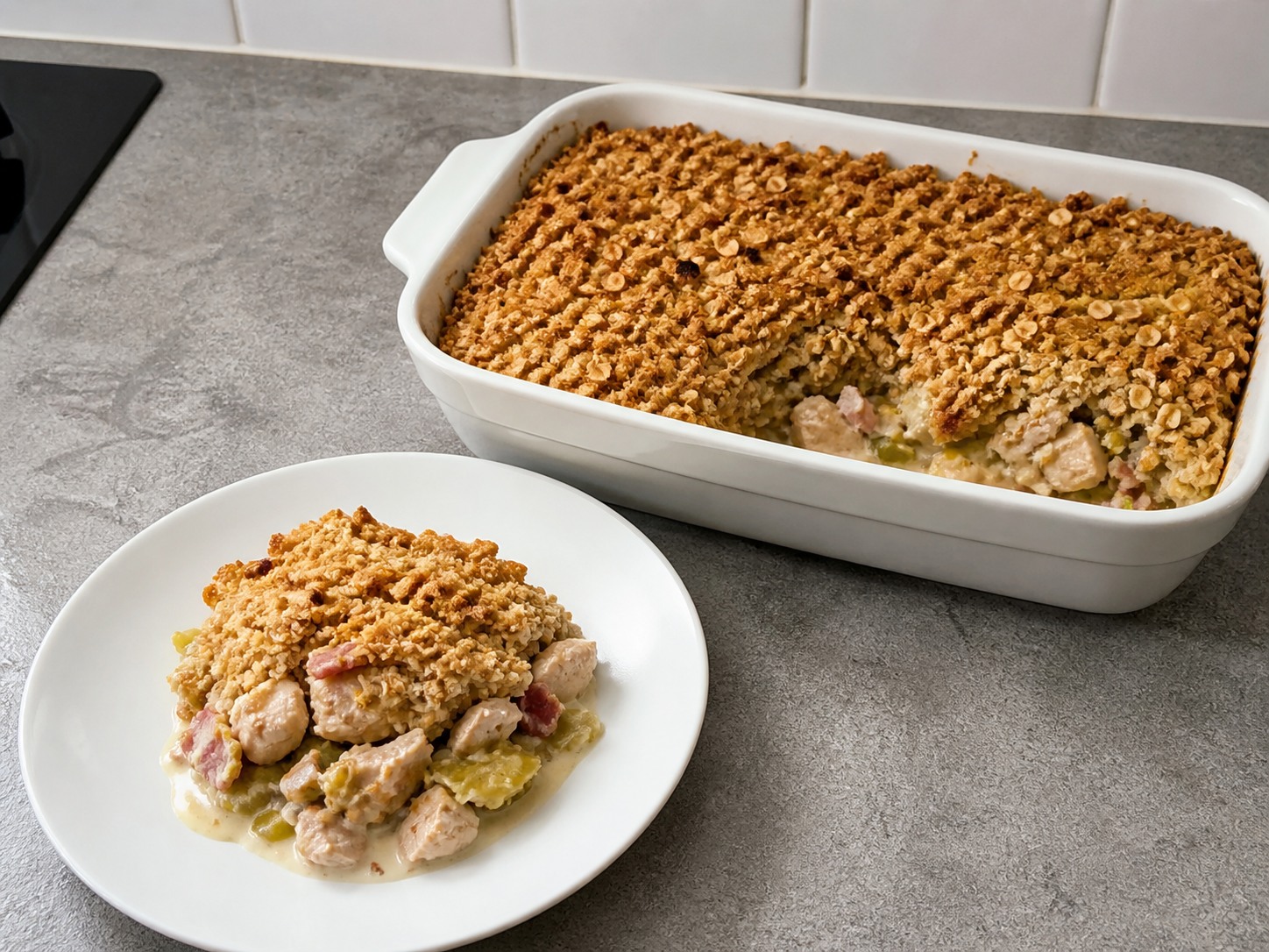 Crumble Gurih Ayam, Bacon, dan Daun Bawang Prei: Ayam, bacon, dan daun bawang prei yang lembut dipanggang di bawah crumble oat-cheddar gurih.
